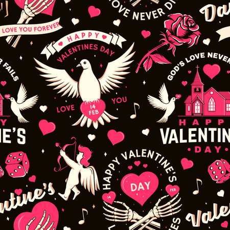 Valentines day seamless pattern with inspirational quotes. Vector illustration. Background, wallpaper, seamless pattern with doves, church, playing card queen, arrow, skeleton hand, rose and heartのイラスト素材