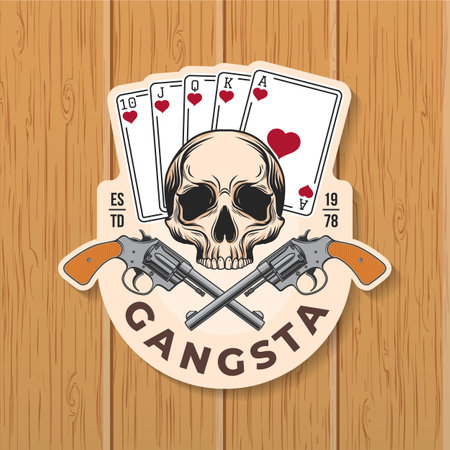 Gangsta. Street criminal badge design. Vector illustration. Vintage monochrome label, sticker, patch with skeleton skull and pocker cards silhouette.のイラスト素材