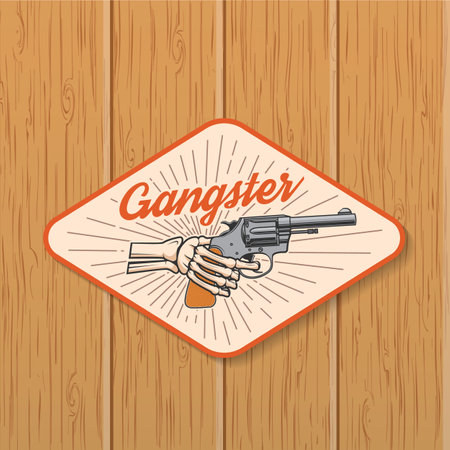 Beat first or be beaten. Classic American gangster badge, patch, sticker design. Vector illustration. Vintage monochrome label, sticker, patch with knuckle duster silhouette.のイラスト素材