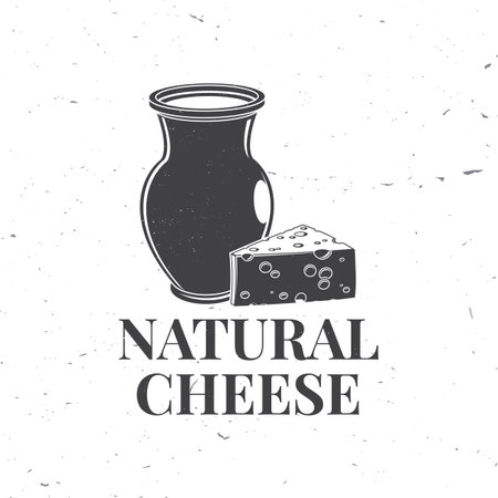 Fresh cheese badge design. Template for logo, branding design with triangle block cheese and jug of milk . Vector illustration.のイラスト素材