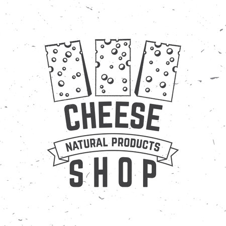 Cheese shop badge design. Template for logo, branding design with block cheese. Vector illustration. Natural cheese badge design.のイラスト素材