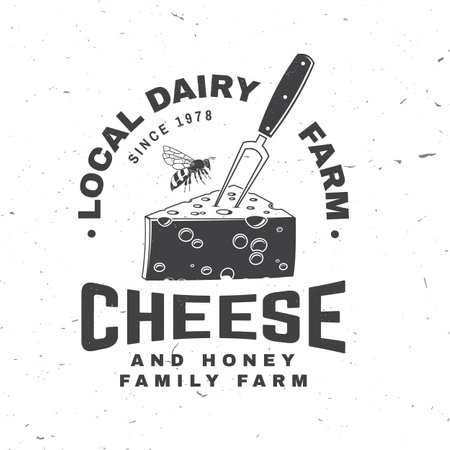 Local dairy farm badge design. Template for logo, branding design with block cheese, fork for cheese and bee. Vector illustration. Cheese and honey family farm.のイラスト素材