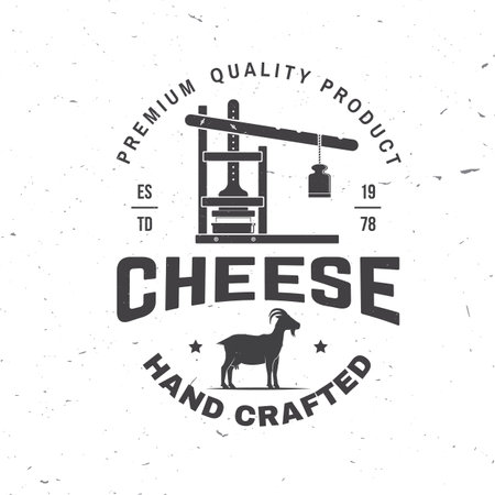 Cheese family farm badge design. Template for logo, branding design with goat and cheese molds and press. Vector illustration. Hand crafted product cheeseのイラスト素材