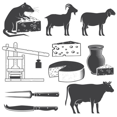 Set of cheese family farm icon silhouettes. For logo, branding design with block cheese, sheep lacaune, fork, knife for cheese, cow, goat, cheese press. Vector illustration.のイラスト素材