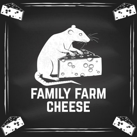 Family farm cheese badge design on the chalkboard. Template for logo, branding design with triangle block cheese and rat, mouse. Vector illustration. Hand crafted product cheeseのイラスト素材