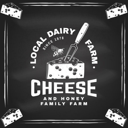 Local dairy farm badge design on the chalkboard. Template for logo, branding design with block cheese, fork for cheese and bee. Vector illustration. Cheese and honey family farm.のイラスト素材