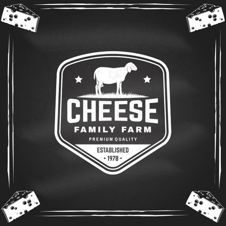 Cheese family farm badge design on the chalkboard. Template for logo, branding design with sheep lacaune on the grass. Vector illustration. Hand crafted product cheeseのイラスト素材