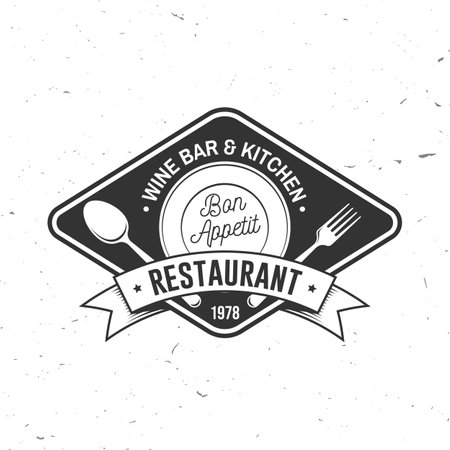 Restaurant shop, menu logo. Vector Illustration. Vintage graphic design for logotype, label, badge with empty plate, fork and spoon. Cooking, cuisine logo for menu restaurant or cafe.のイラスト素材