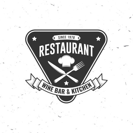 Restaurant shop, menu logo. Vector Illustration. Vintage graphic design for logotype, label, badge with chef hat, fork and knife. Cooking, cuisine logo for menu restaurant or cafe.のイラスト素材