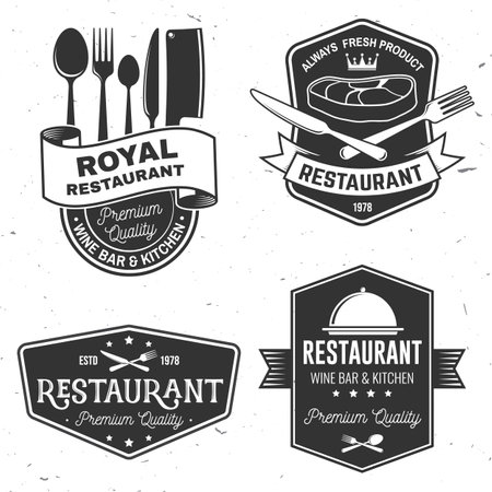 Set of Restaurant shop, menu logo. Vector Illustration. Vintage graphic design for logotype, label, badge with plate, steak, cloche with lid, fork and knife. Cooking, cuisine logo for menu restaurant or cafe.のイラスト素材