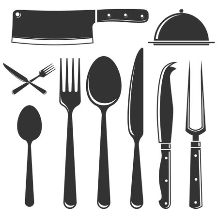 Set of cutlery icons silhouettes. Spoon, forks, knife, cloche with lid. Graphic with knives, forks, and spoons used for eating or serving food for restaurant business concept. Vector illustrationのイラスト素材