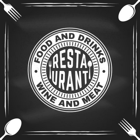 Restaurant shop, menu on the chalkboard. Vector Illustration. Vintage graphic design for logotype, label, badge with empty plate. Cooking, cuisine logo for menu restaurant or cafe.のイラスト素材