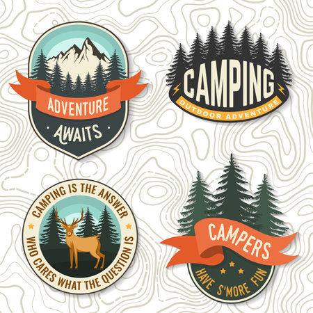 Set of camping related typographic quote for sticker, badges, patches . Vector illustration. Concept for shirt or logo, print, stamp or tee. Vintage typography design with forest, mountains and starry night sky silhouetteのイラスト素材