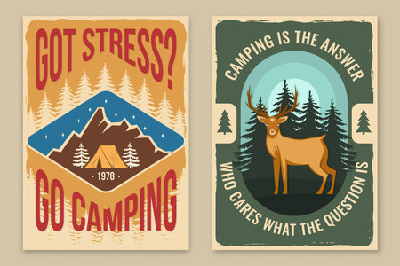 Set of camping retro posters. Vector illustration. Flyer, brochure, banner template design with travel inspirational quotes, landscape, deer, camping tent, forest and mountain silhouette.のイラスト素材