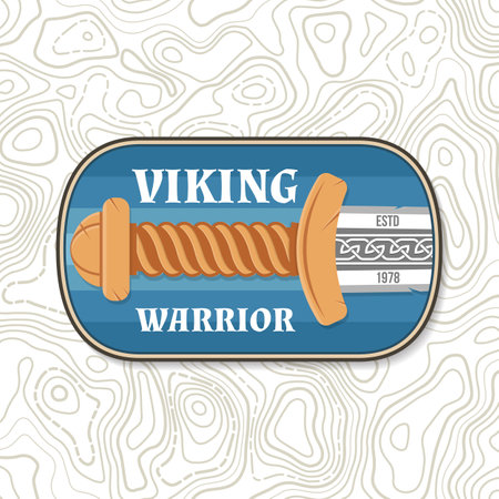 Viking warrior logo, badge, sticker. Vector illustration. For emblems, labels. Patch design heraldic shield with a viking battle sword, vintage styleのイラスト素材
