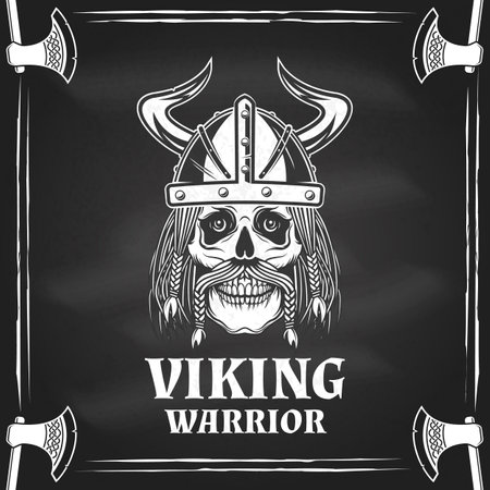 Viking warrior logo, badge, sticker on the chalkboard. Vector illustration. For emblems, labels and patch. Monochrome style viking in helmet.のイラスト素材