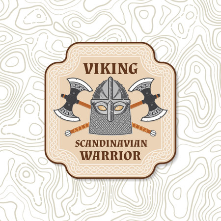 Viking warrior logo, badge, sticker. Vector illustration. For emblems, labels and patch. Patch design heraldic shield with a viking in helmet with crossed Double Axeのイラスト素材