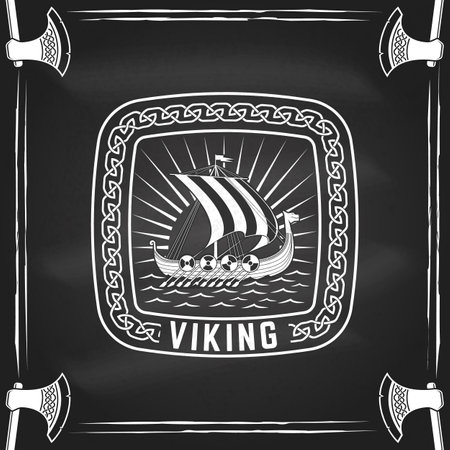 Viking ship logo, badge, sticker on the chalkboard. Vector illustration. For emblems, labels and patch. Monochrome style viking ship.のイラスト素材