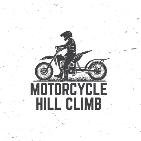 Motorcycle hill climb logo, badge, sticker. Vector illustration. Extreme sport with motorbike for extreme jump and race in mountains. Monochrome style man riding in helmet on a motorcycleのイラスト素材