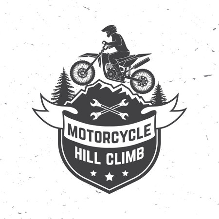 Motorcycle hill climb logo, badge, sticker. Vector illustration. Extreme sport with motorbike for extreme jump and race in mountains. Monochrome style man riding in helmet on a motorcycleのイラスト素材