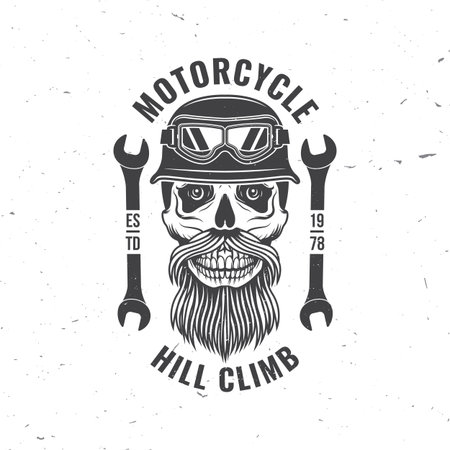 Motorcycle hill climb logo, badge, sticker. Vector illustration. Extreme sport with motorcycle helmet, skull, glasses and wrenches. Monochrome styleのイラスト素材