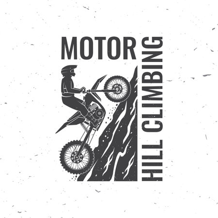 Motorcycle hill climb logo, badge, sticker. Vector. Extreme sport with motorbike for extreme jump and race in mountains. Monochrome style.のイラスト素材