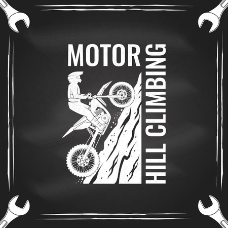 Motorcycle hill climb logo, badge, sticker on the chalkboard. Vector. Extreme sport with motorbike for extreme jump and race in mountains. Monochrome style.のイラスト素材