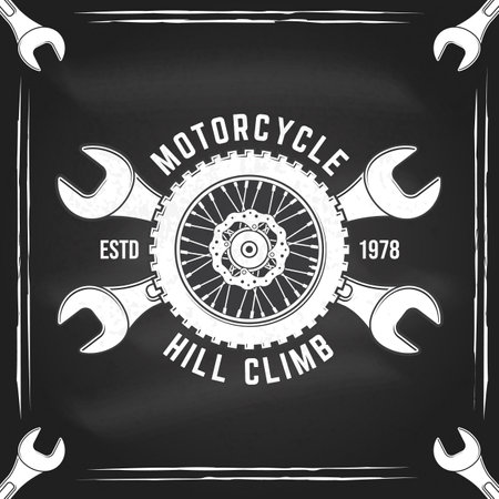 Motorcycle hill climb logo, badge, sticker on the chalkboard. Vector illustration. Extreme sport with motorcycle wheel and wrenches. Monochrome style motorcycle wheel and wrenchesのイラスト素材