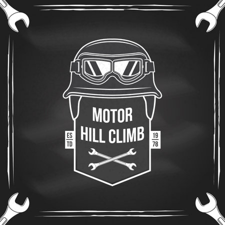 Motorcycle hill climb logo, badge, sticker on the chalkboard. Vector illustration. Extreme sport with motorcycle helmet, glasses and wrenches. Monochrome styleのイラスト素材