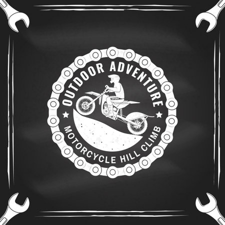 Motorcycle hill climb logo, badge, sticker on the chalkboard. Vector. Extreme sport with motorbike for extreme jump and race in mountains. Monochrome style man riding in helmet on a motorcycleのイラスト素材