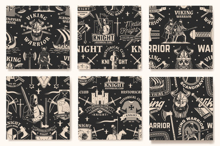 Set of motorcycle hill climb and knight historical club seamless pattern or background. Vectorのイラスト素材