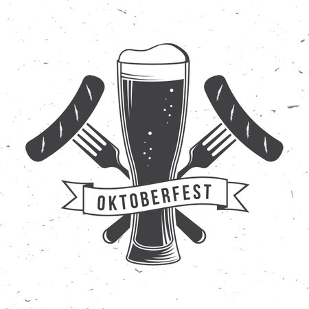Oktoberfest logo or badge design. Vector. Beer mug with fried sausage, grilled, skewered on a forkのイラスト素材
