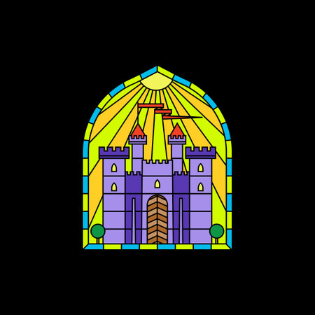 Medieval castle colorful stained glass window. Colored gothic mosaic decoration for interior. Vector illustrationのイラスト素材
