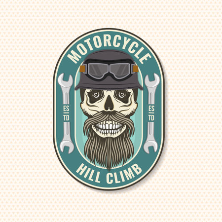 Motorcycle hill climb logo, badge, sticker. Vector. Extreme sport with motorcycle helmet, skull, glasses and wrenchesのイラスト素材