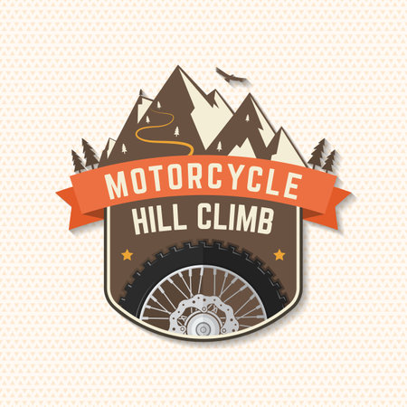 Motorcycle hill climb logo, badge, sticker. Vector. Extreme sport with motorcycle wheel and mountainsのイラスト素材