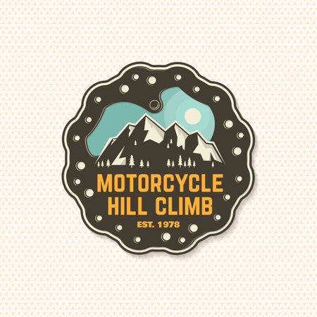 Motorcycle hill climb logo, badge, sticker. Vector illustration. Extreme sport with brake disc in mountains.のイラスト素材