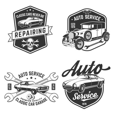Set of auto service logo, emblems, badges and icons. Vector. Service car repair, restoration and car club design elements.のイラスト素材