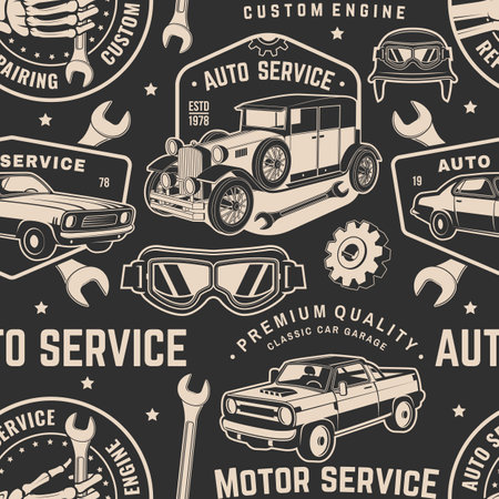 Set of auto service seamless pattern or background. Vector. Service car repair, restoration and car club design elements.のイラスト素材
