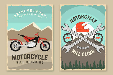 Set of motorcycle hill climb retro posters. Vector. Extreme sport with motorbike, motorcycle helmet, chains, brake disc and wrenchesのイラスト素材