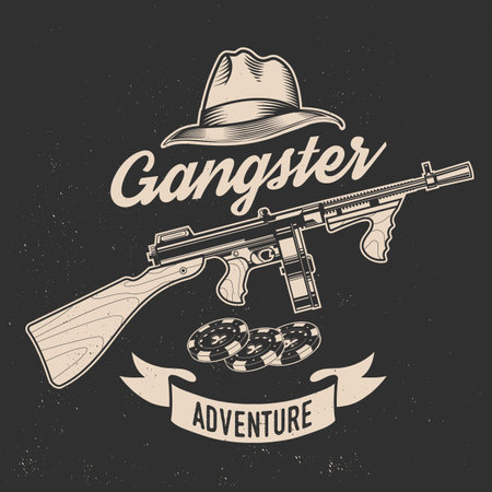 Gangster adventure. Vintage print, logo, badge design with Mafia submachine gun, gangster hat and casino chips silhouette. Vector illustration.のイラスト素材