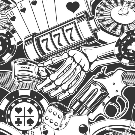 Gambling, casino seamless pattern with wheel of fortune, two dice and skeleton hand holding dollar silhouette. Vector. Concept for casino pattern background or wallpaper.のイラスト素材