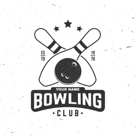 Bowling sports club logo, badge design. Vintage design with bowling pins and ball silhouette. Vector.のイラスト素材