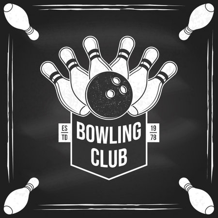 Bowling sports club logo, badge design on the chalkboard. Vintage design with bowling pins and ball silhouette. Vector.のイラスト素材