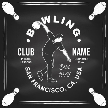 Bowling sports club logo, badge design on the chalkboard. Vintage design with athlete bowling shoot pins silhouette. Vector.のイラスト素材
