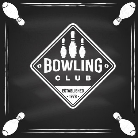 Bowling Academy logo, badge design on the chalkboard. Vintage design with bowling pin silhouette. Vector.のイラスト素材