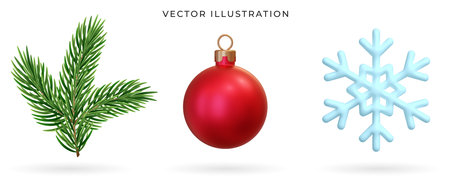 3d snowflake, Christmas ball, evergreen pine tree branches set. Vector illustration. Realistic christmas collection. Xmas decoration for New year celebrationのイラスト素材