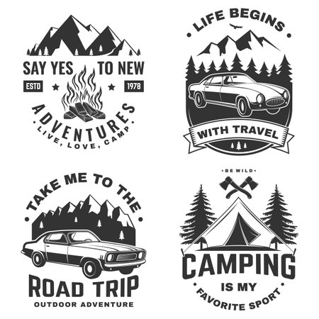 Set of outdoor adventure logo, print, stamp or tee. Vintage typography design with retro car, campfire and mountain silhouette. Camping quote.のイラスト素材
