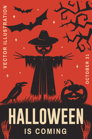 Halloween is coming poster concept. Halloween retro invitation template with scarecrow, raven and pumpkin. Vector illustrationのイラスト素材