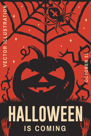 Halloween is coming poster concept. Halloween retro invitation template with spider, web, pumpkin. Vector illustrationのイラスト素材