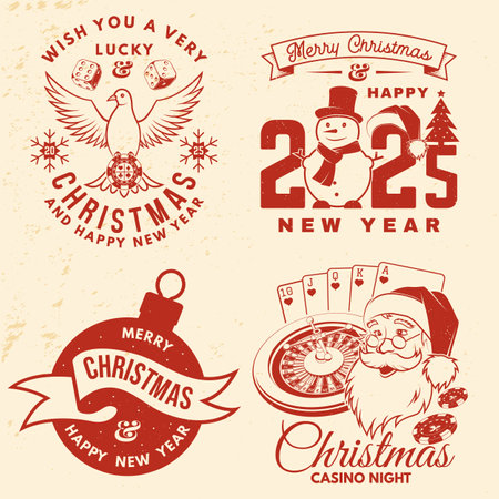 Set of Lucky Christmas casino night. Gambling vintage print, logo, badge design with santa claus, poker playing card, dove holding casino chips, classic casino play-roulette. Vector illustration.のイラスト素材